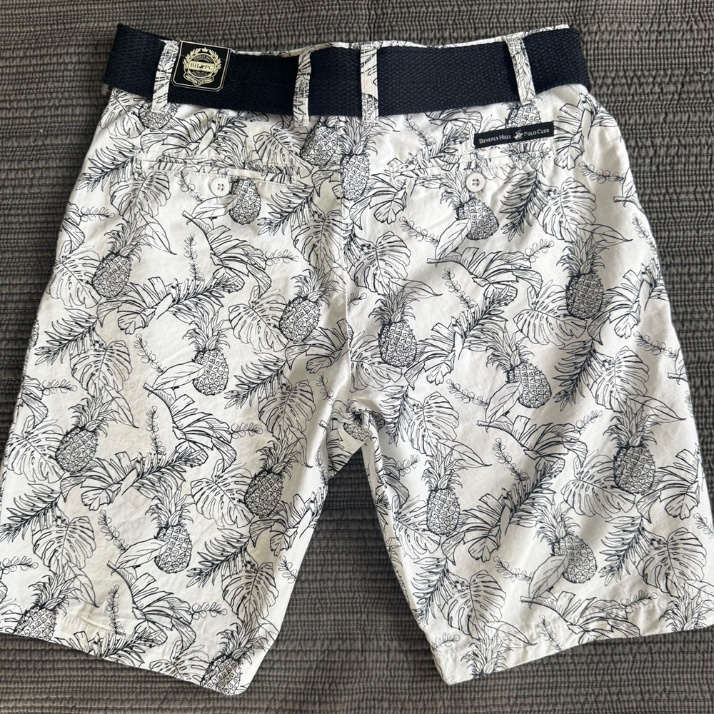 Beverly Hills Polo Club‎ Men’s Shorts 30 Optic White Pineapple Print Belt NWT - Picture 3 of 3